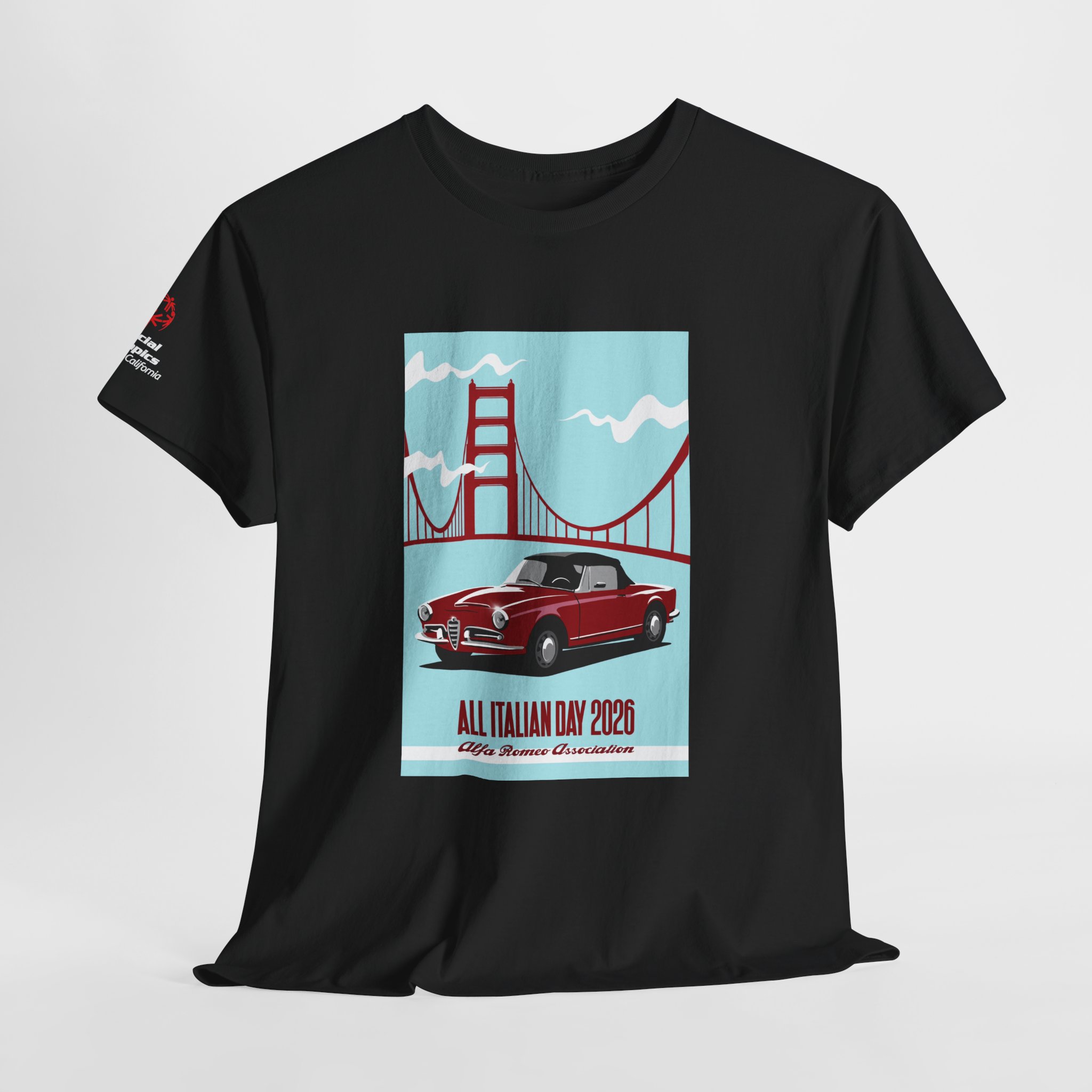 Full view of a black All Italian Day event shirt featuring the Golden Gate Bridge and a classic red car
